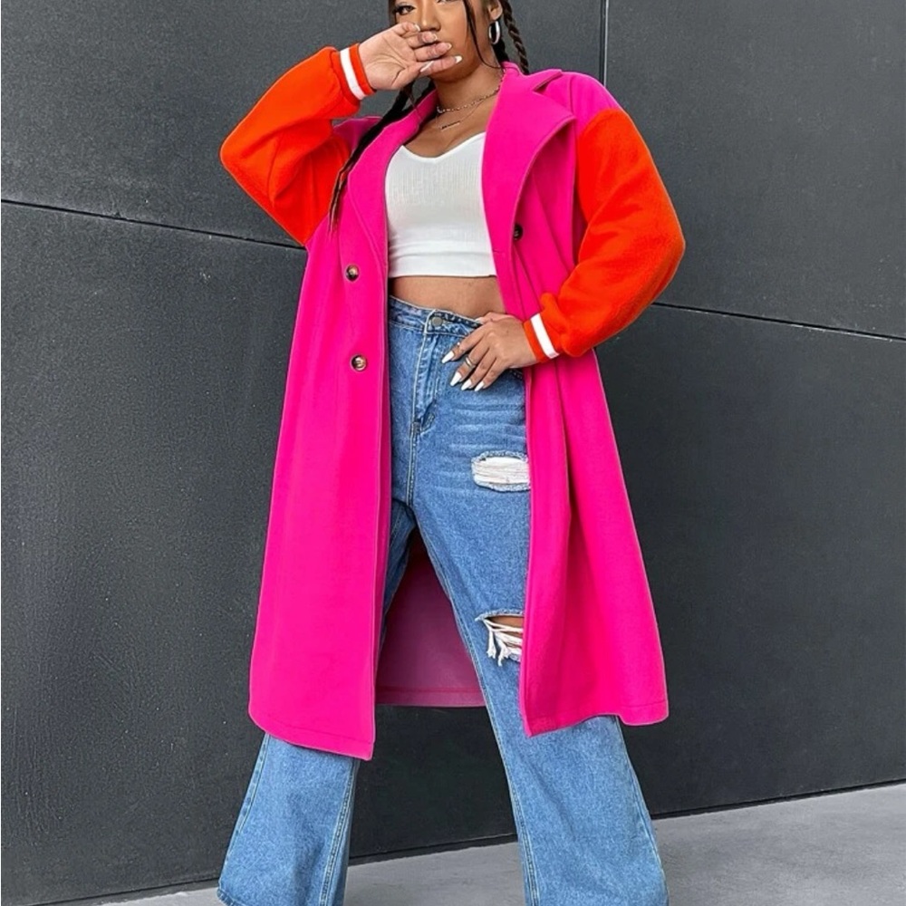 Plus Size Cozy Colorblock Double Breasted Overcoat